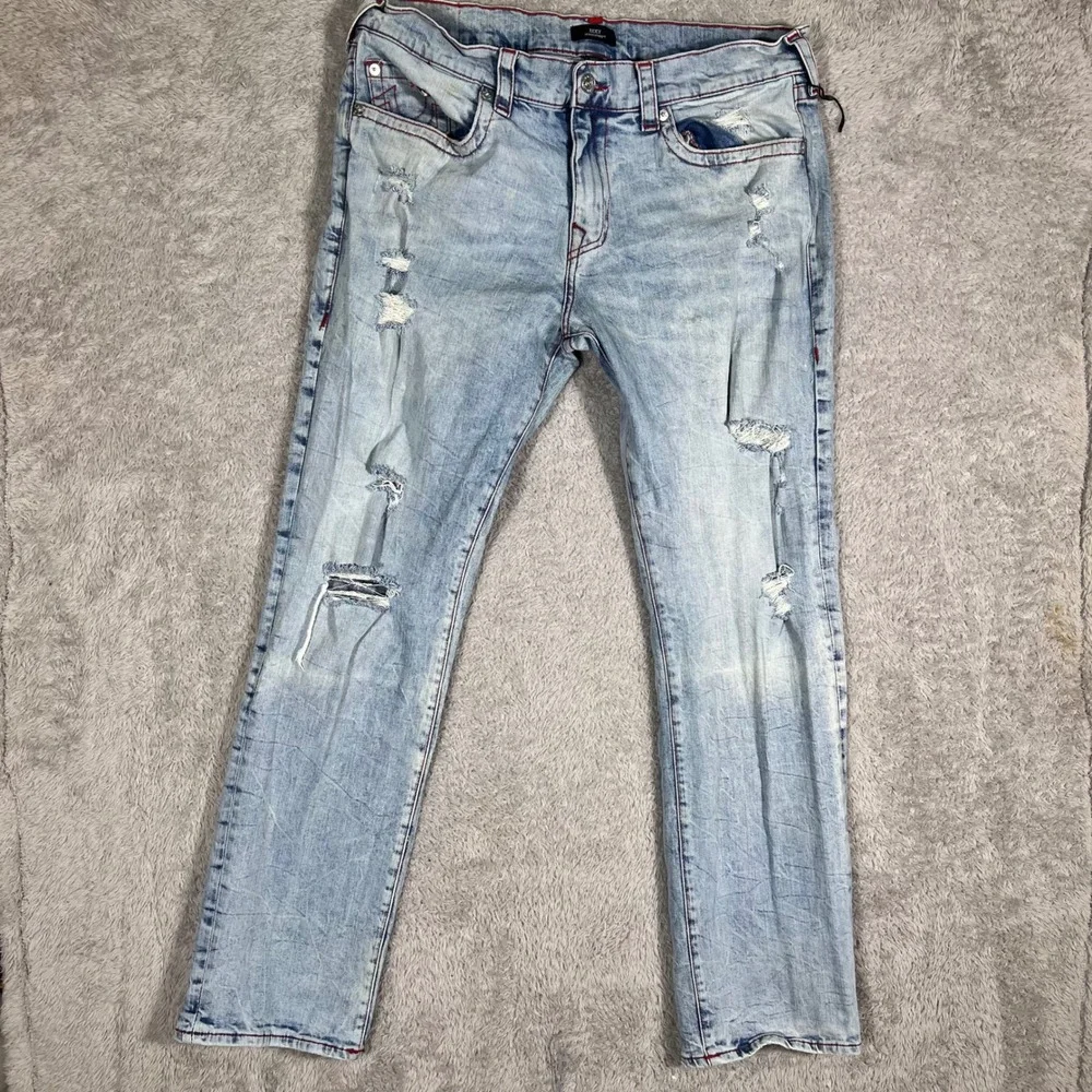 True Religion Ricky Relaxed Straight Distressed Jeans Mens 38 Red Stitch Light